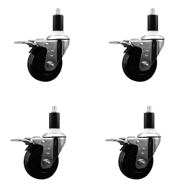 3-1/2'' Phenolic Swivel 1-3/8'' Expanding Stem Caster Set Total Lock Brake, 4PK